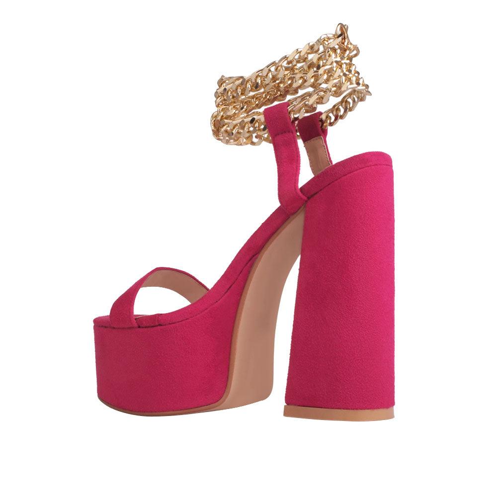 Vegan suede open toe women's block platform heel in fuchsia-posterior view