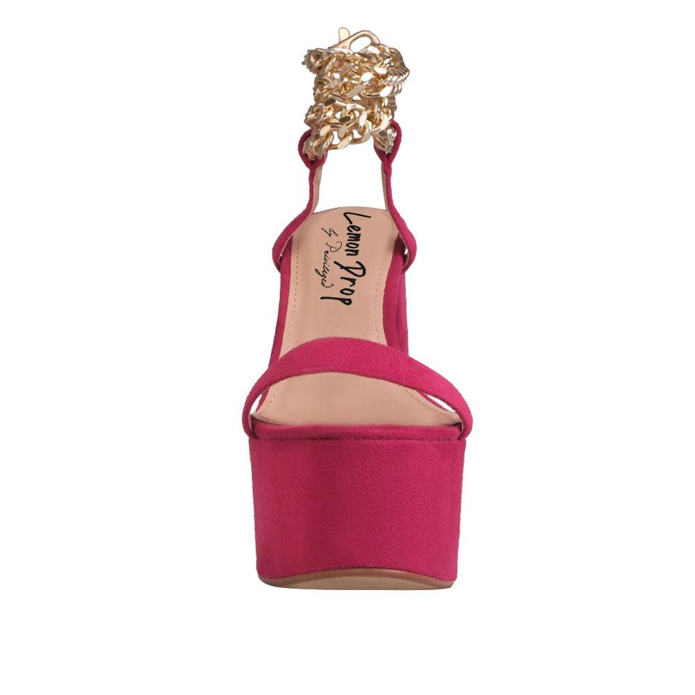 Vegan suede open toe women's block platform heel in fuchsia-front view