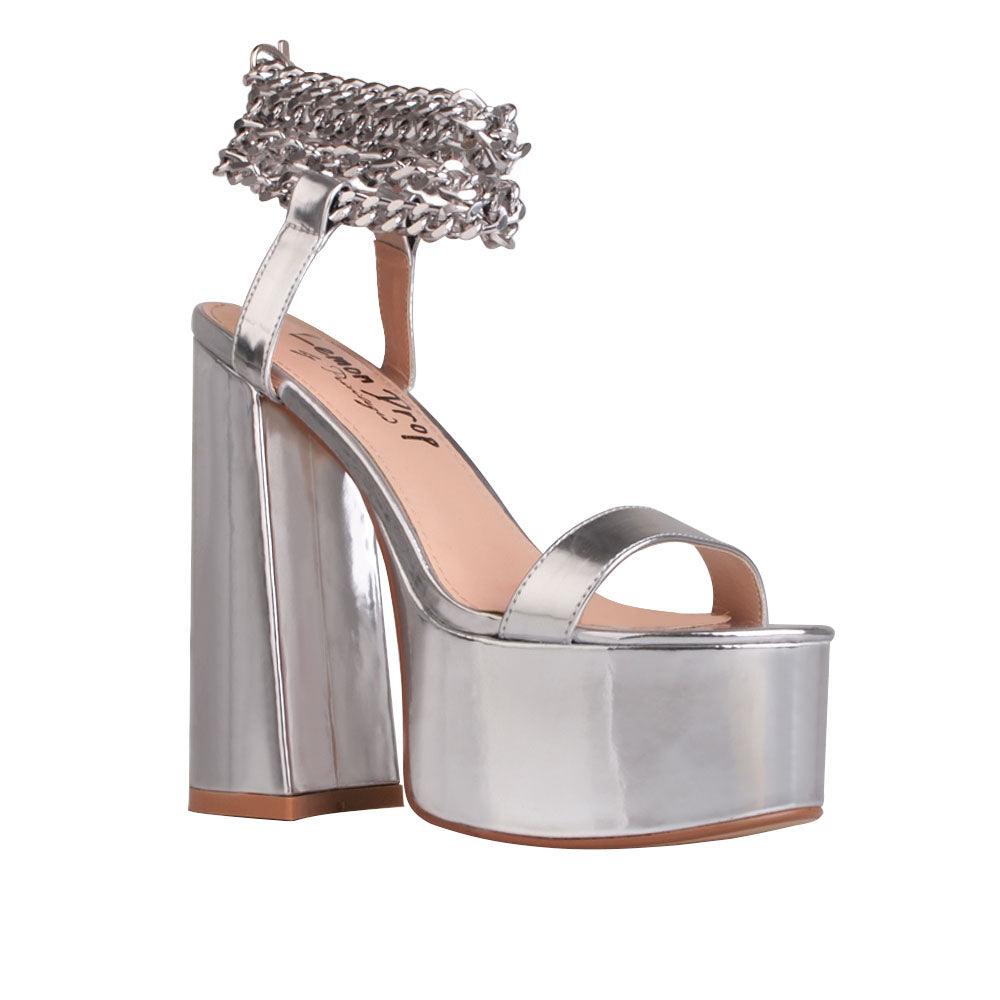 Vegan suede open toe women's block platform heel in silver-corner view