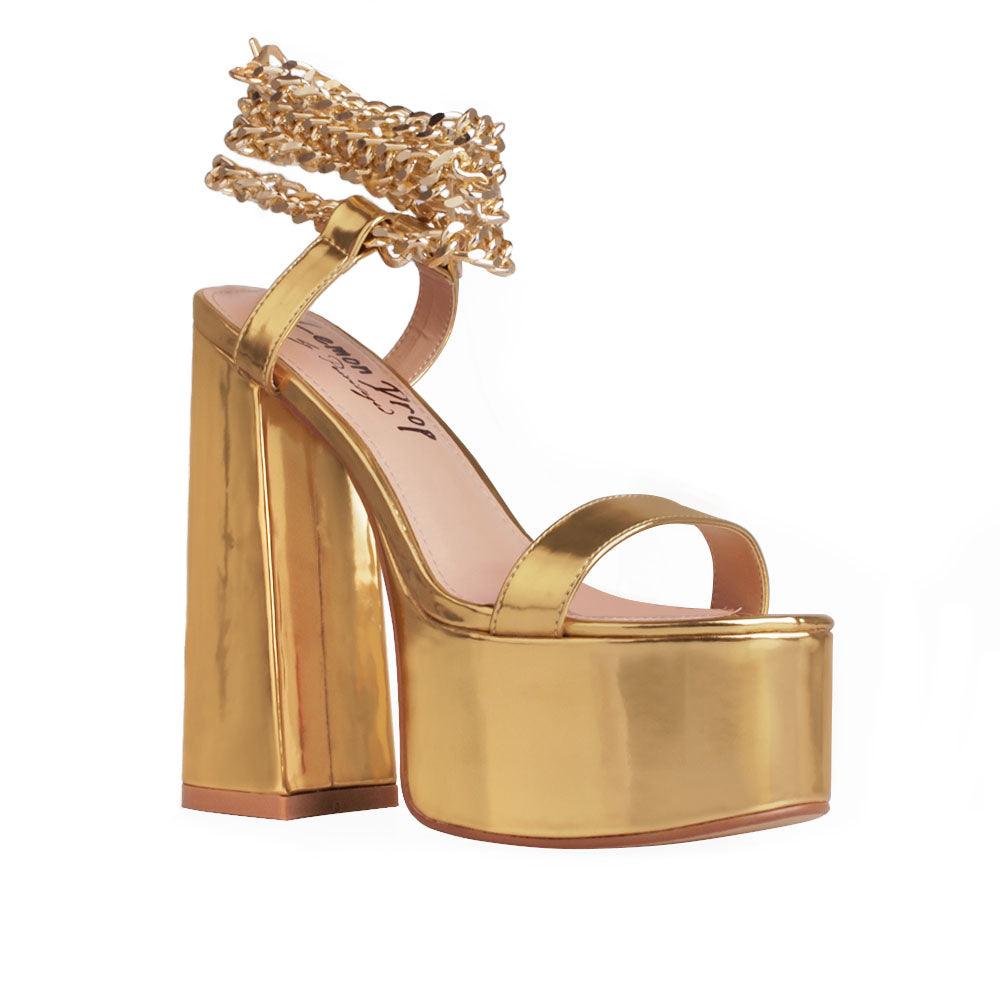 Vegan suede open toe women's block platform heel in gold-corner view