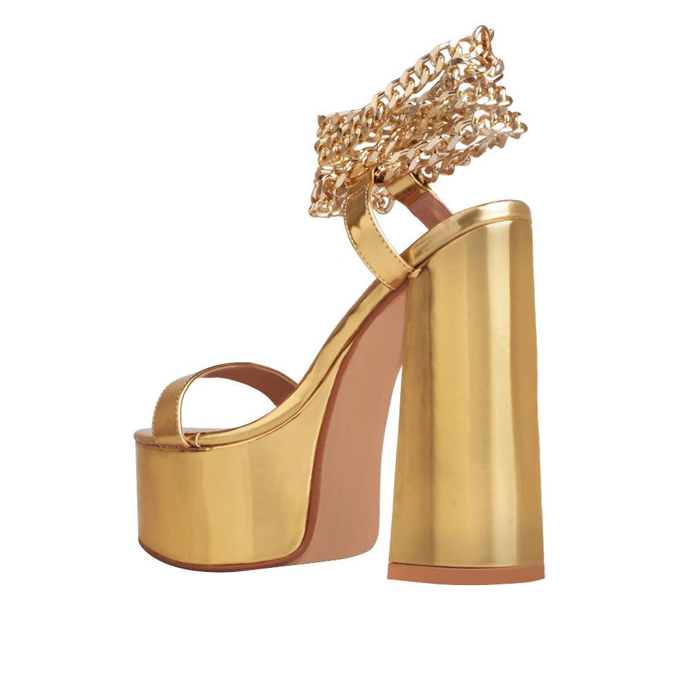 Vegan suede open toe women's block platform heel in gold-posterior view