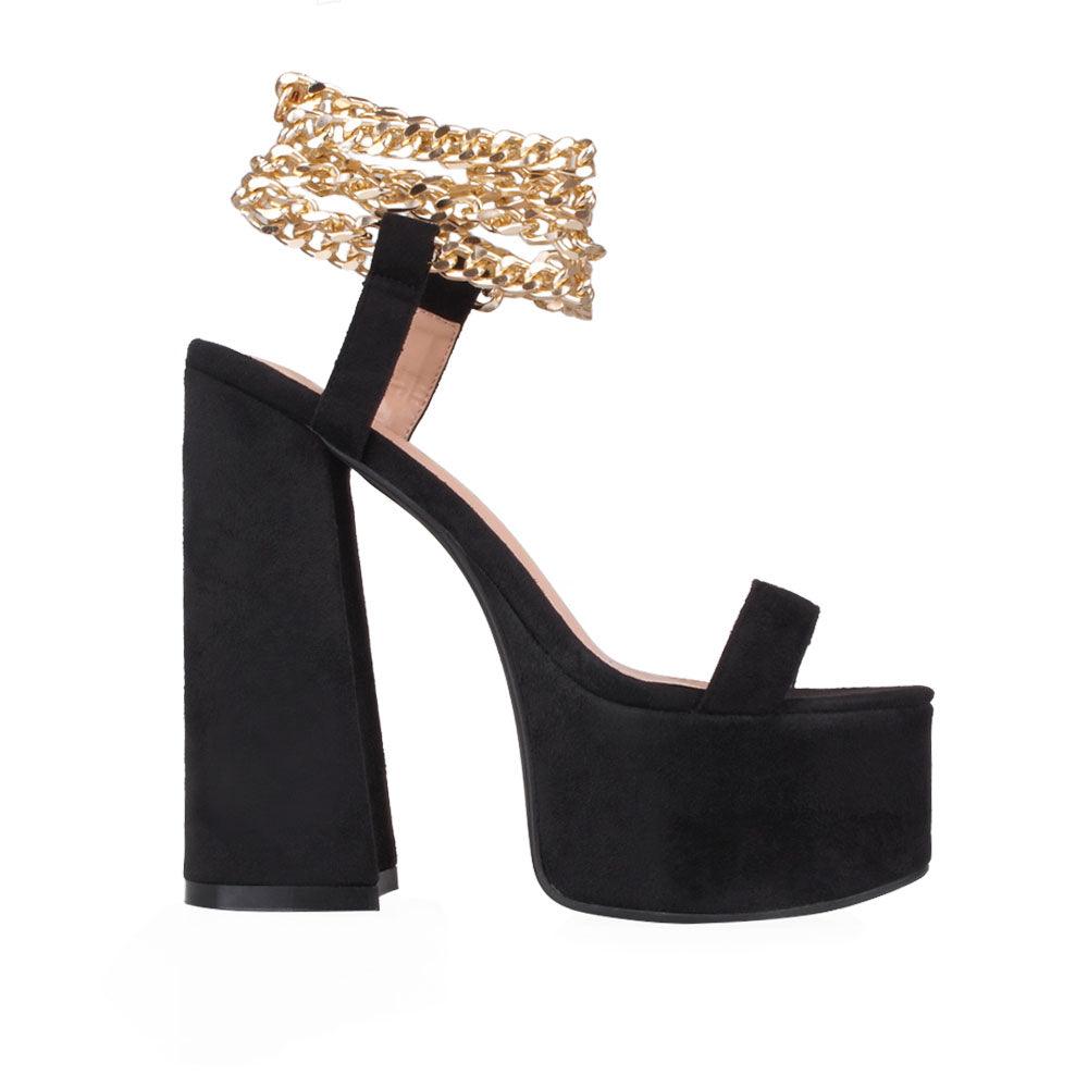 Vegan suede open toe women's block platform heel in black-side view