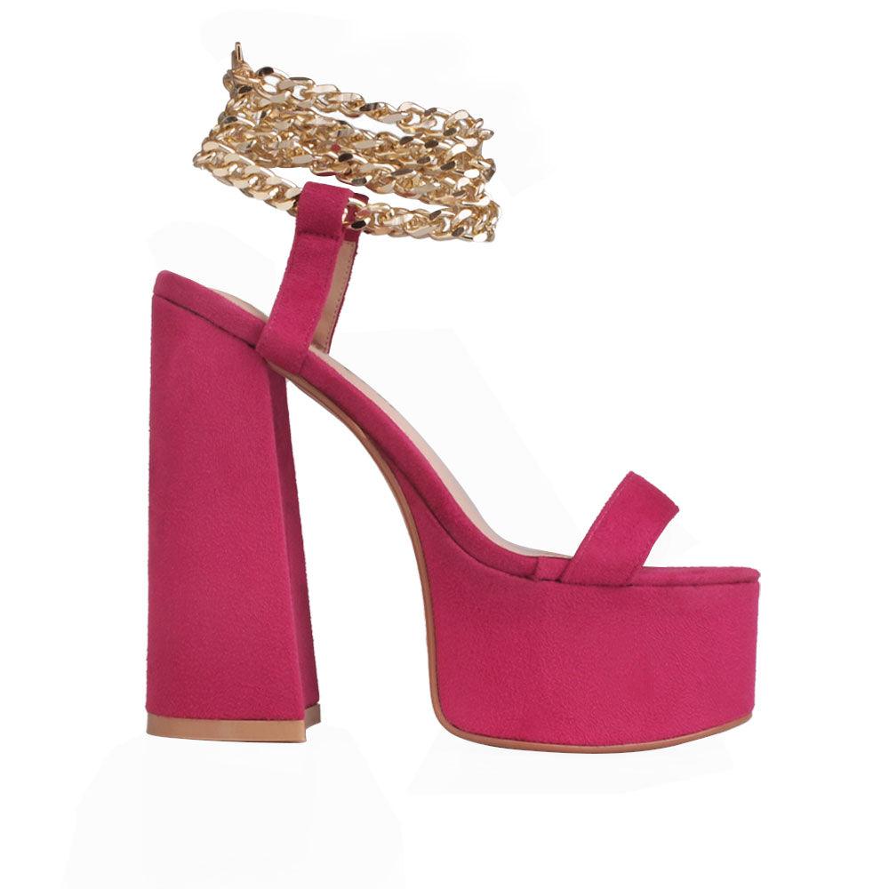 Vegan suede open toe women's block platform heel in fuchsia-side view