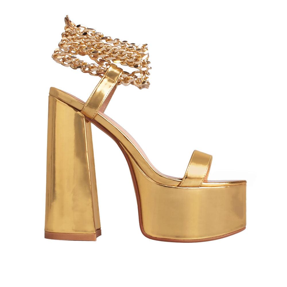 Vegan suede open toe women's block platform heel in gold-side view