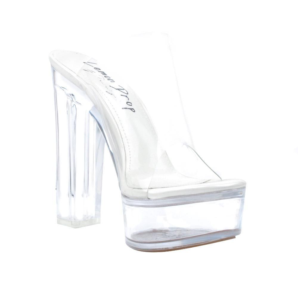 Clear vinyl upper block square women's heel with platform in transparent-corner view