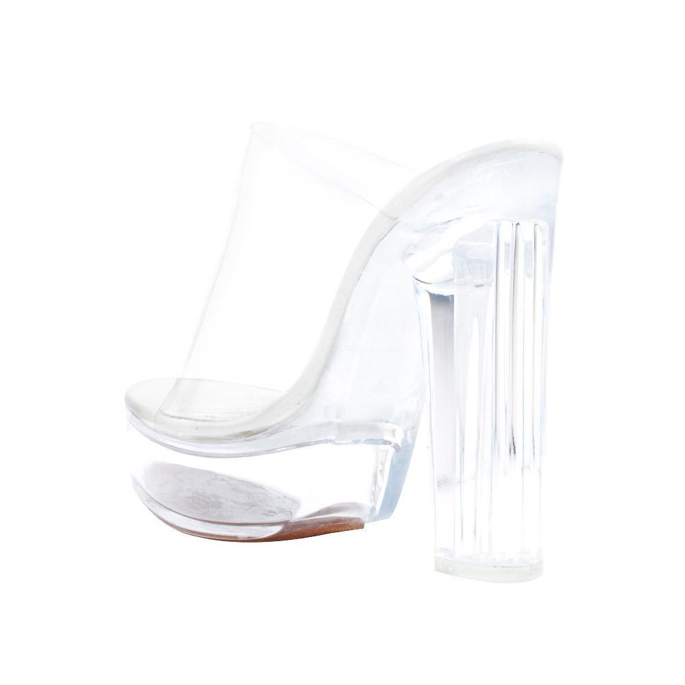 Clear vinyl upper block square women's heel with platform in transparent-posterior view