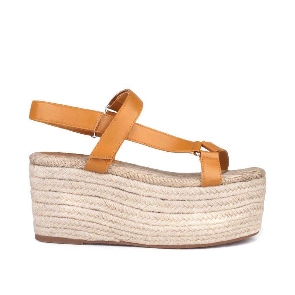 Camel coloured gylian leather women's chunky platform sandal-side view