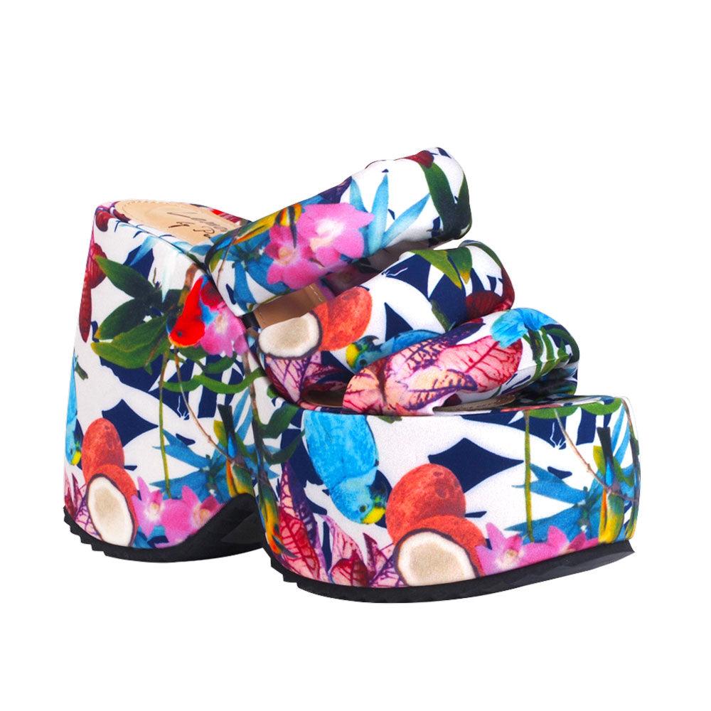 Flower patterned textile upper platform women's heel-corner view