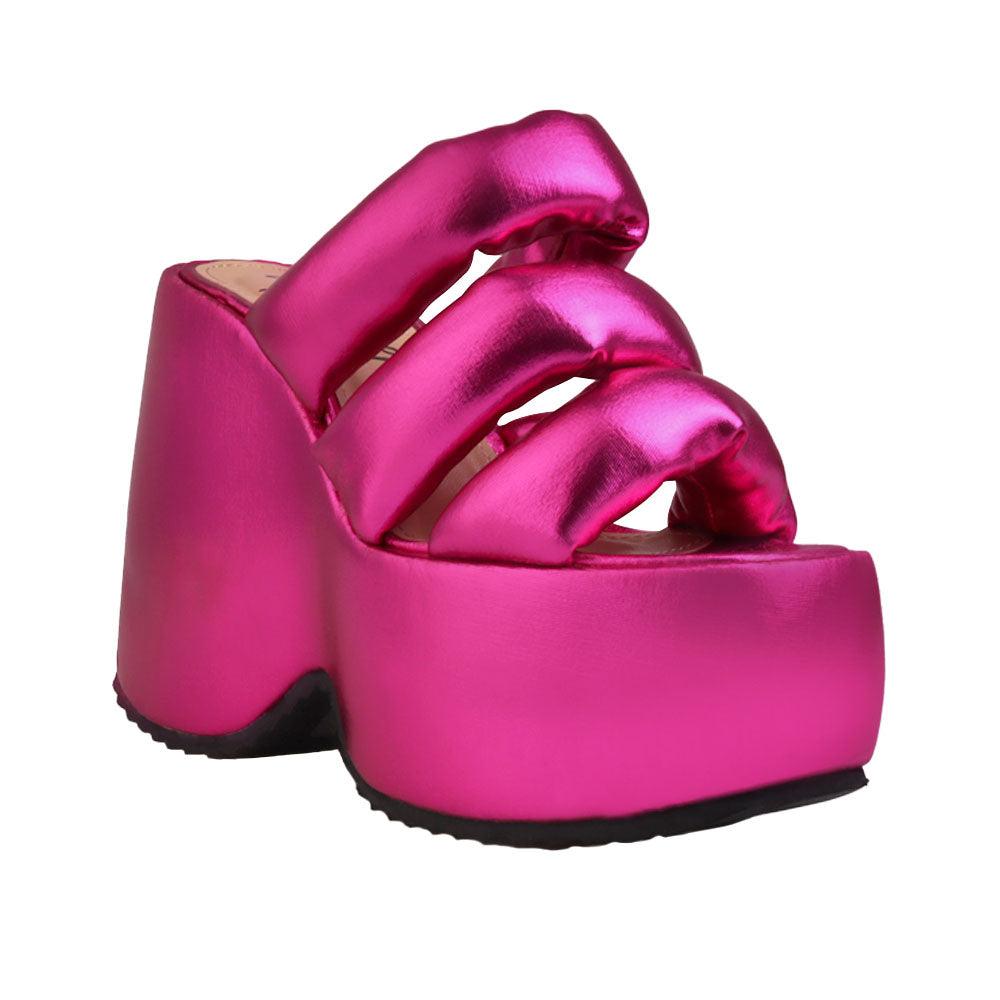 Textiled upper platform women's heel in fuchsia-corner view