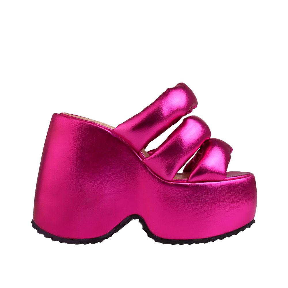 Textiled upper platform women's heel in fuchsia-side view