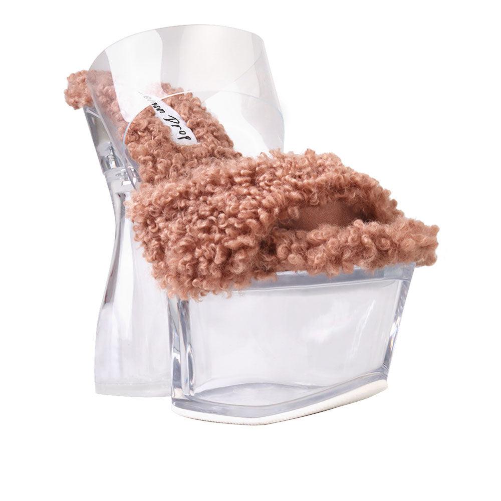 Tan coloured vegan shearling shaggy slip-on women heels-corner view