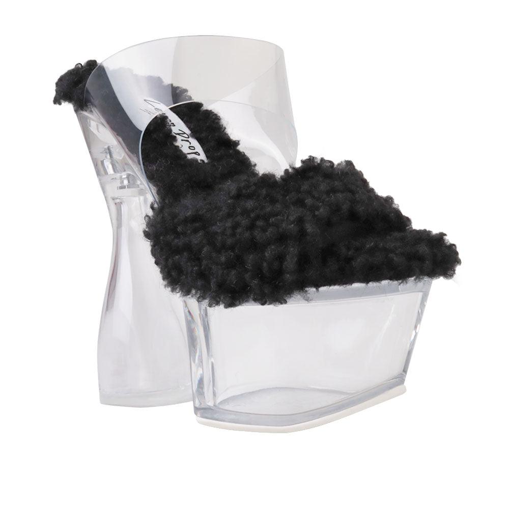 Vegan shearling shaggy slip-on women heels in black-corner view