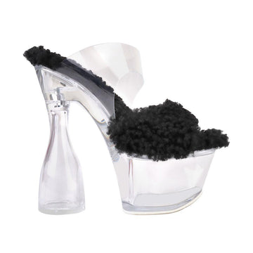 Vegan shearling shaggy slip-on women heels in black-side view