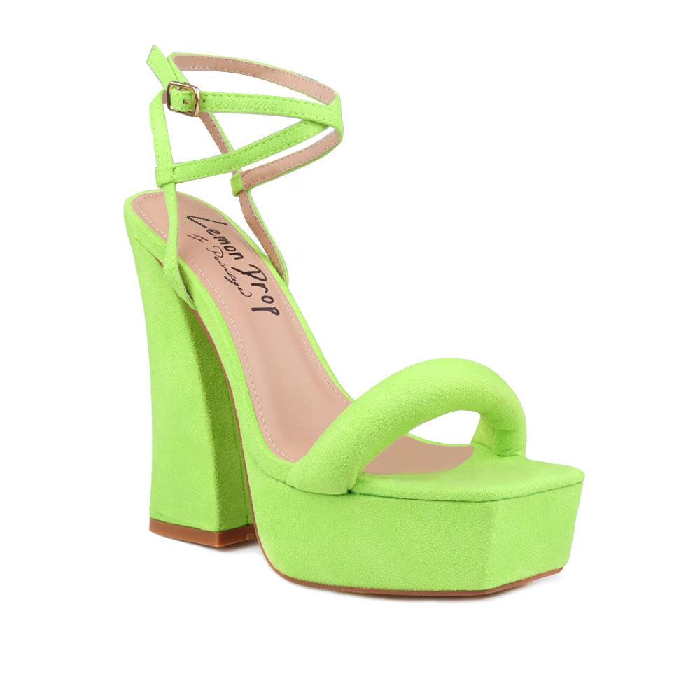 Neon green coloured suede sandals on chunky heel women shoes-corner view