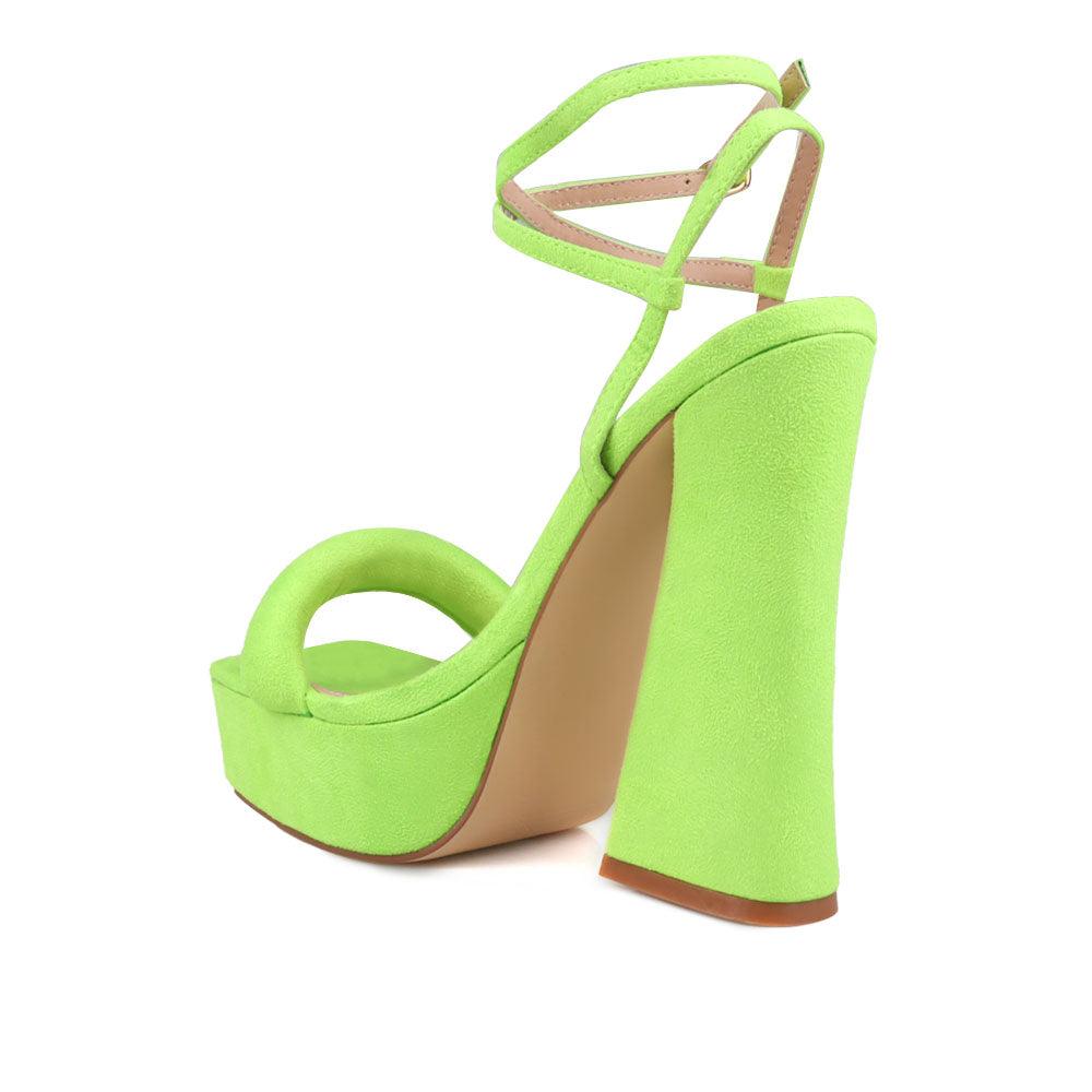 Neon green coloured suede sandals on chunky heel women shoes-posterior view