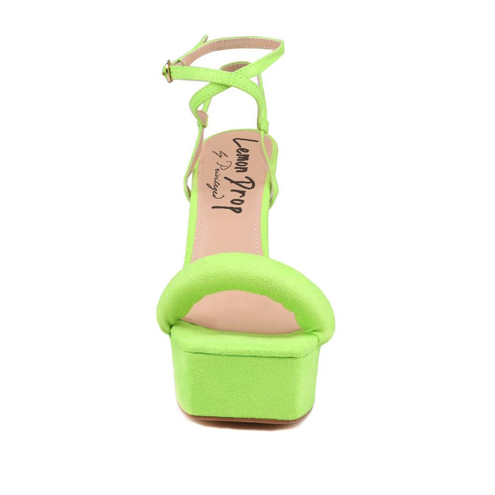 Neon green coloured suede sandals on chunky heel women shoes-front view