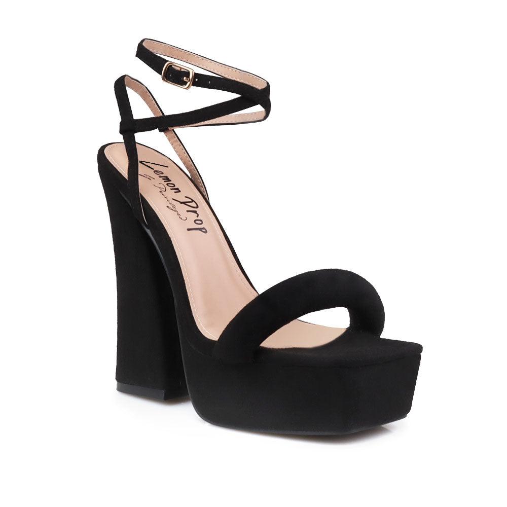 Suede sandals on chunky heel women shoes in black-corner view