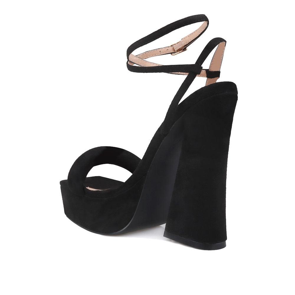 Suede sandals on chunky heel women shoes in black-posteriro view