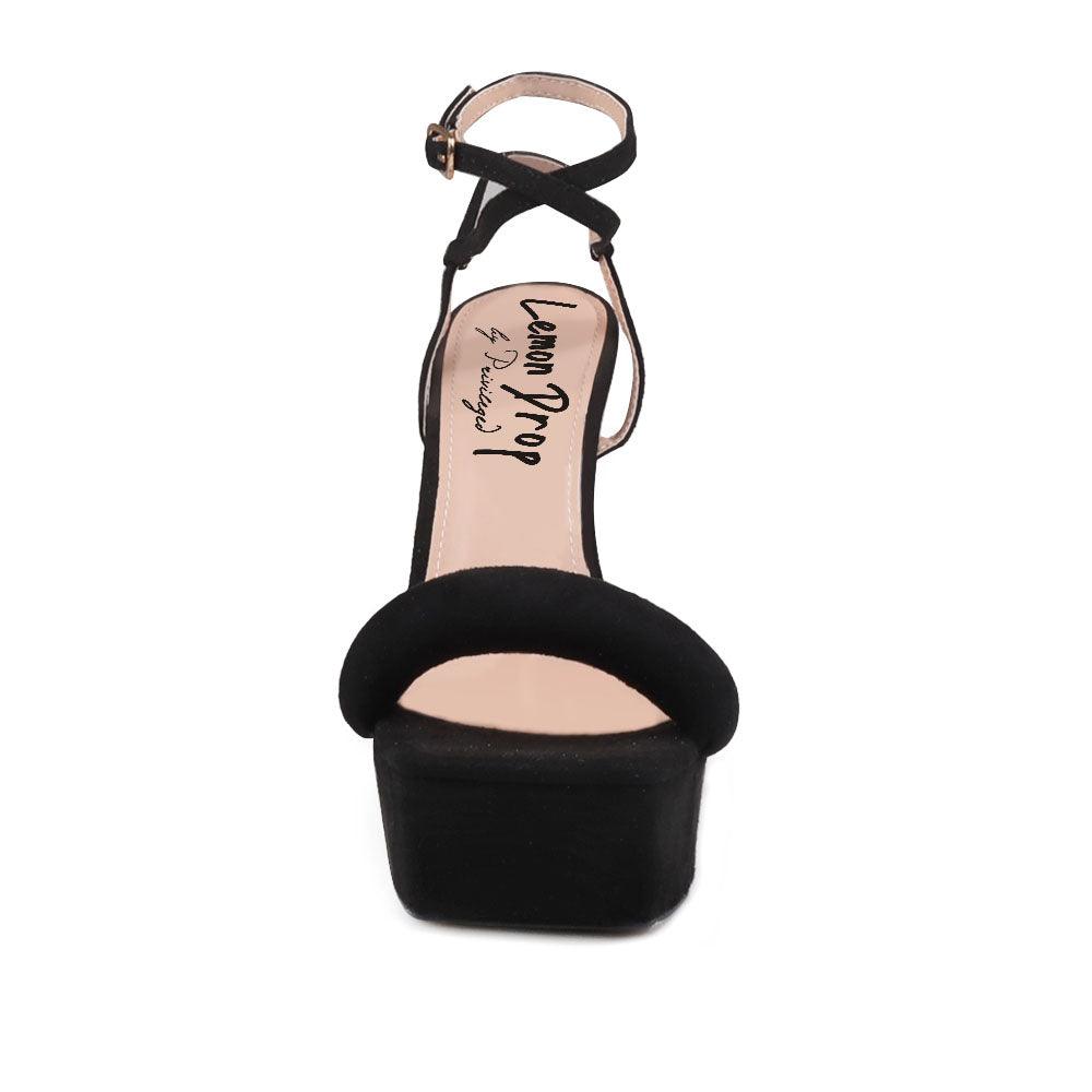 Suede sandals on chunky heel women shoes in black-front view