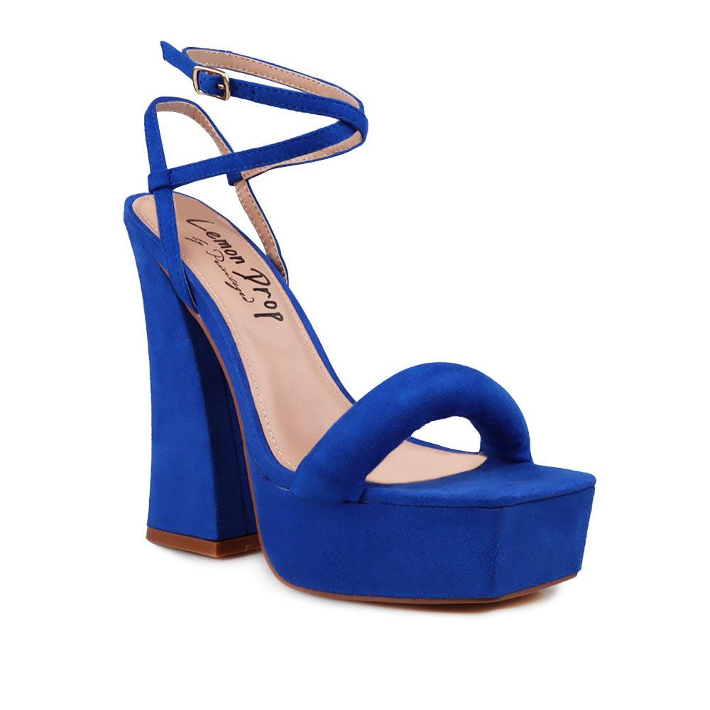 Cobalt coloured suede sandals on chunky heel women shoes-corner view