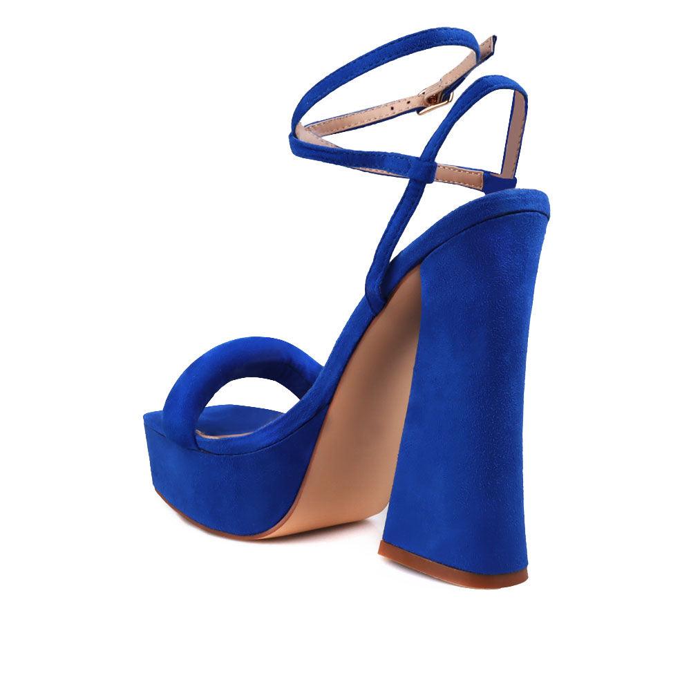 Cobalt coloured suede sandals on chunky heel women shoes-psoterior view