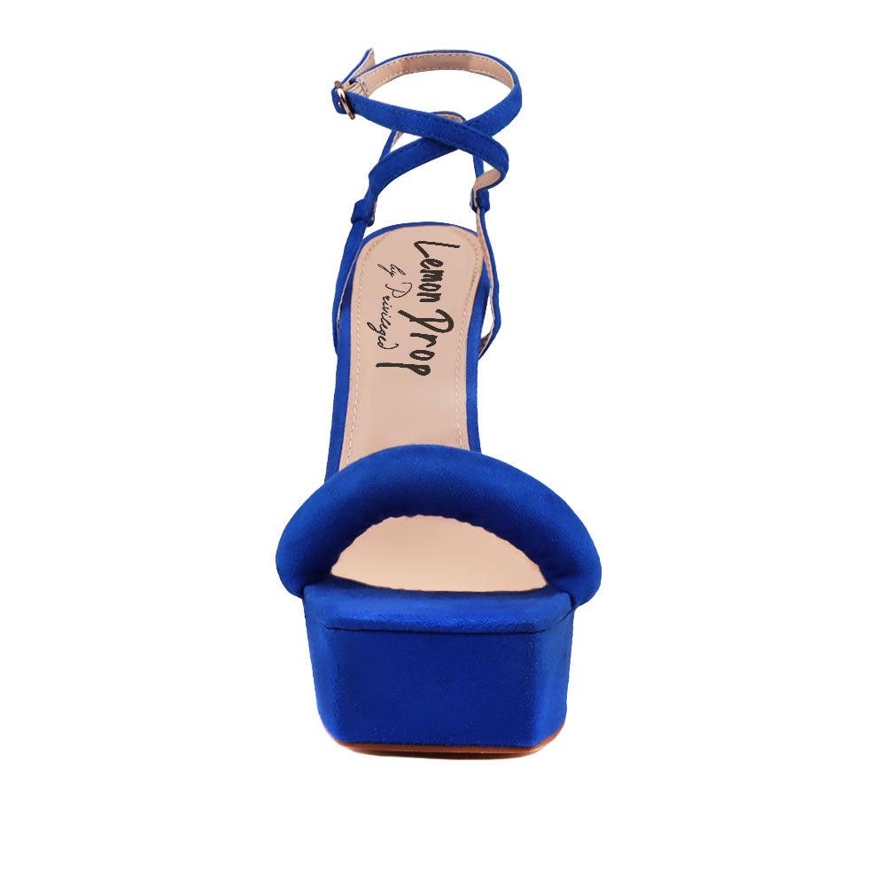 Cobalt coloured suede sandals on chunky heel women shoes-front view