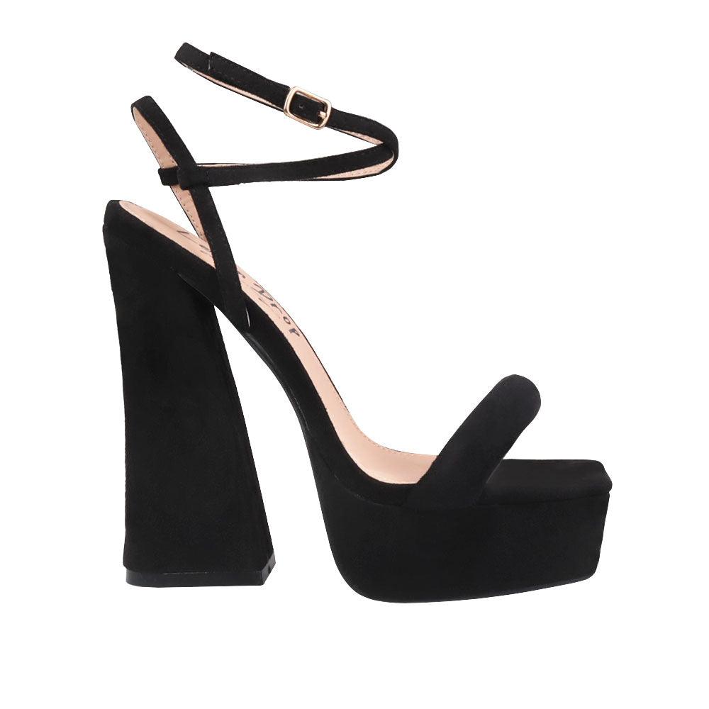 Suede sandals on chunky heel women shoes in black-side view