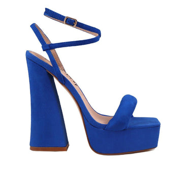 Cobalt coloured suede sandals on chunky heel women shoes-side view
