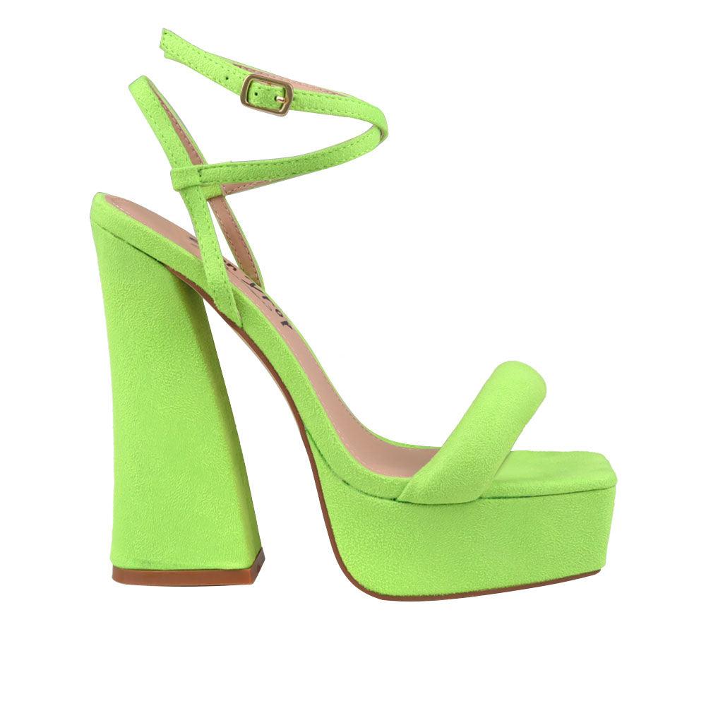 Neon green coloured suede sandals on chunky heel women shoes-side view