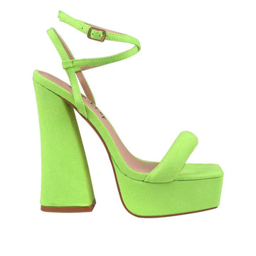 Neon green coloured suede sandals on chunky heel women shoes-side view
