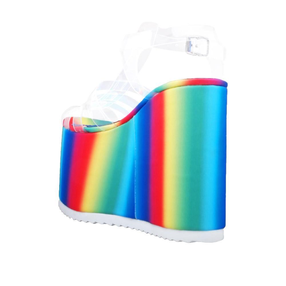 Rainbow coloured vinyl platform bootie with a faux fur-wrapped platform-posterior view