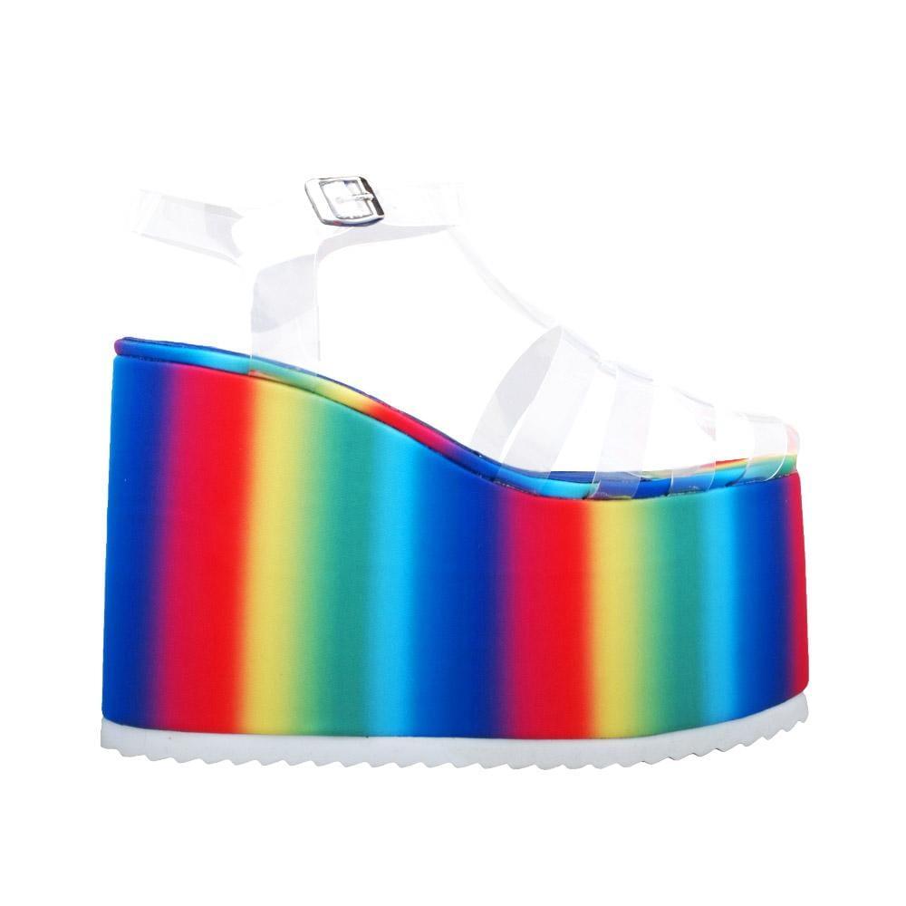 Rainbow coloured vinyl platform bootie with a faux fur-wrapped platform-side view