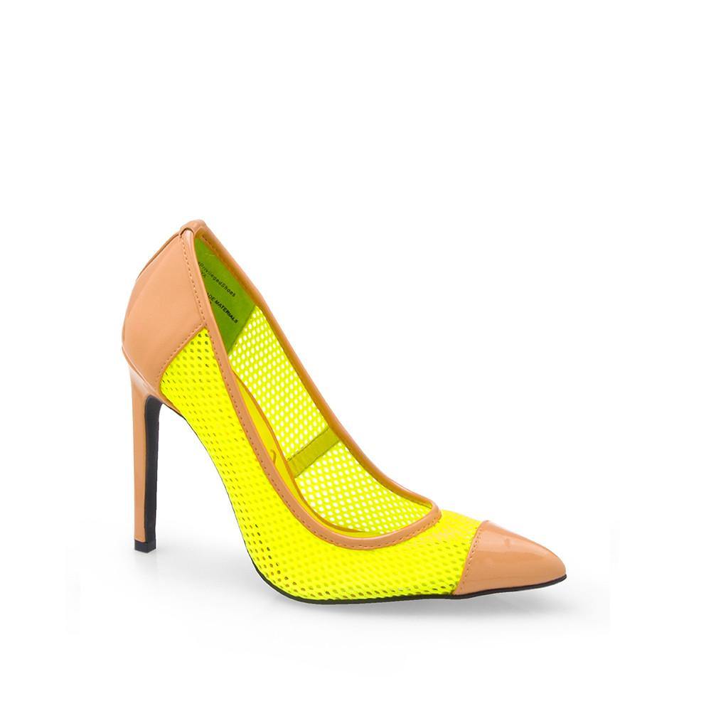 neon yellow mesh material pumps shoes with heels-corner view