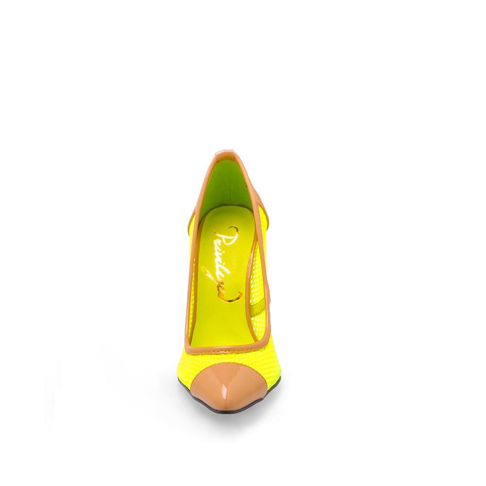 neon yellow mesh material pumps shoes with heels - front view