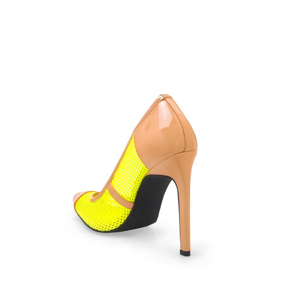 neon yellow mesh material pumps shoes with heels - posterior view