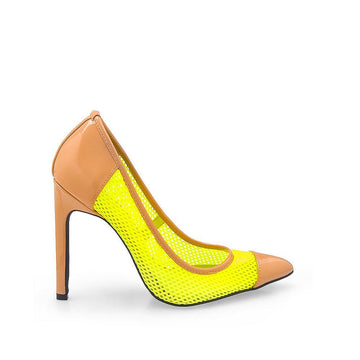 neon yellow mesh material pumps shoes with heels - side view