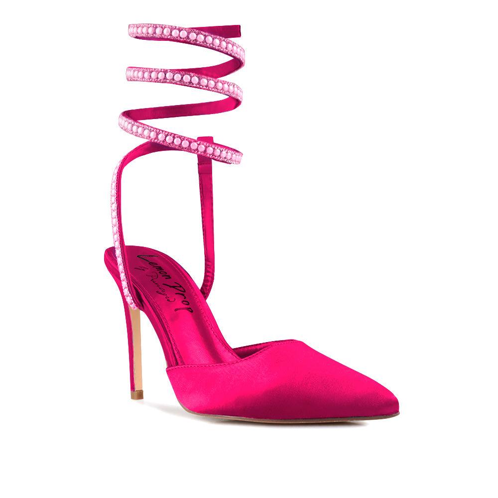 Pumps in a Fuchsia color for women with a beaded ankle buckle design-corner view