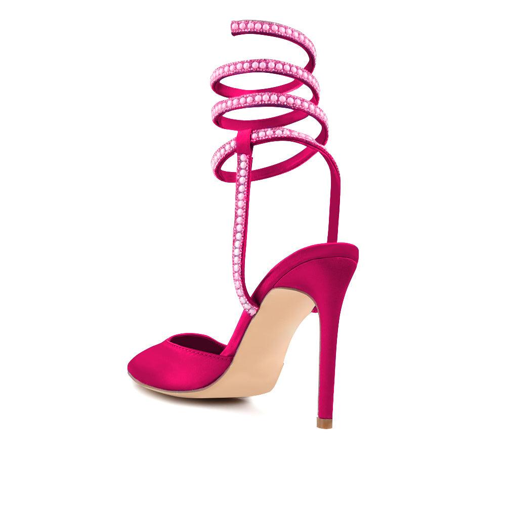 Pumps in a Fuchsia color for women with a beaded ankle buckle design-posterior view