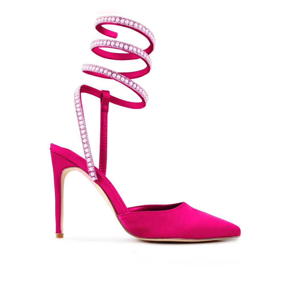 Pumps in a Fuchsia color for women with a beaded ankle buckle design-side view