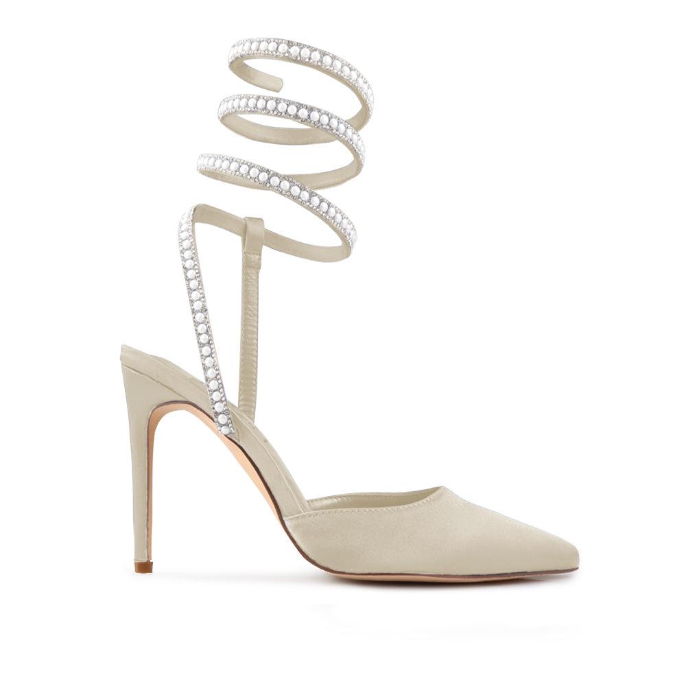 Pumps in ivory with a beaded ankle buckle for women-side view