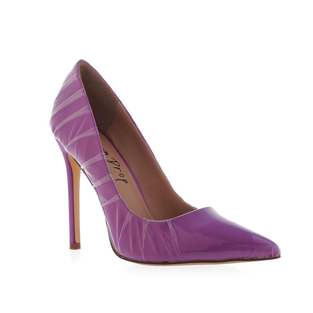 Women's purple-colored pump high heel shoes with ruched detail-side view-corner view