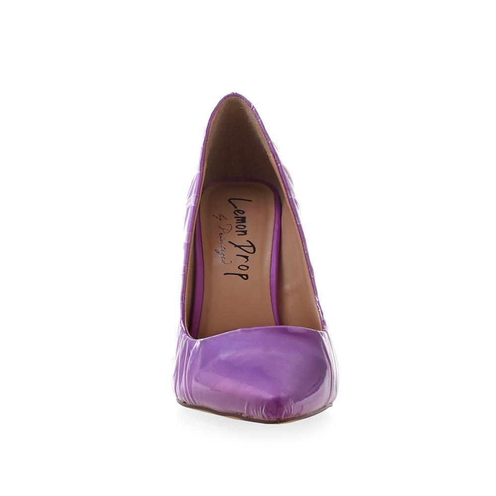 Women's purple-colored pump high heel shoes with ruched detail-side view-front view