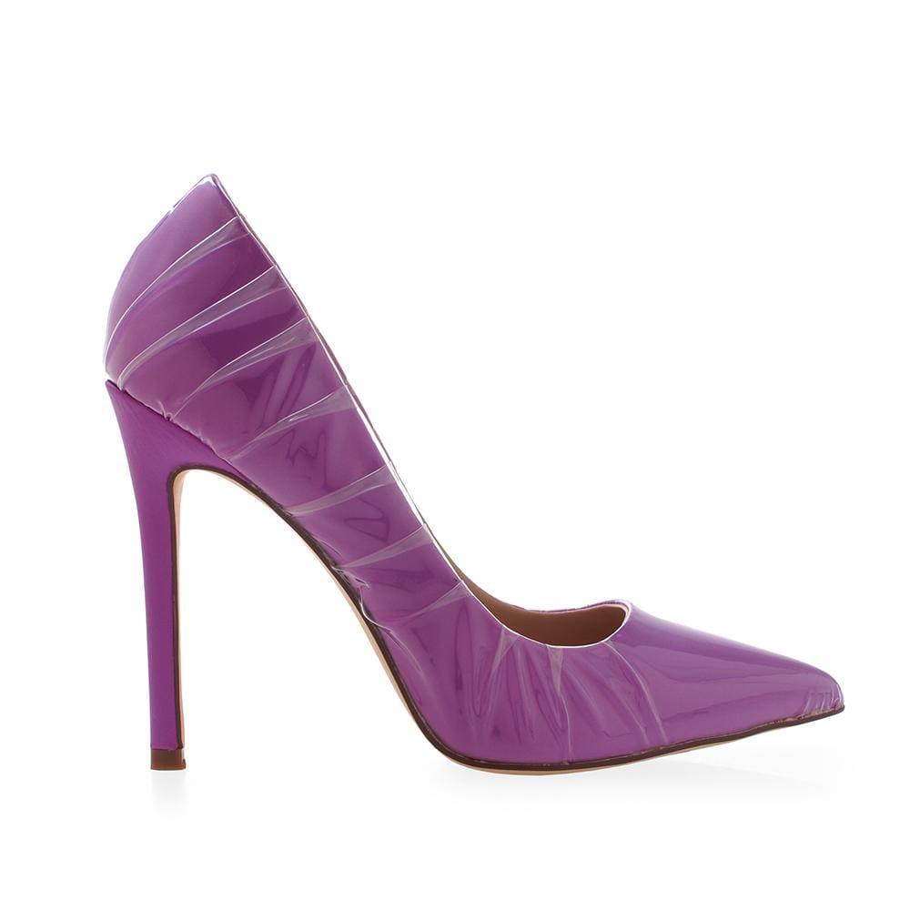 Women's purple-colored pump high heel shoes with ruched detail-side view