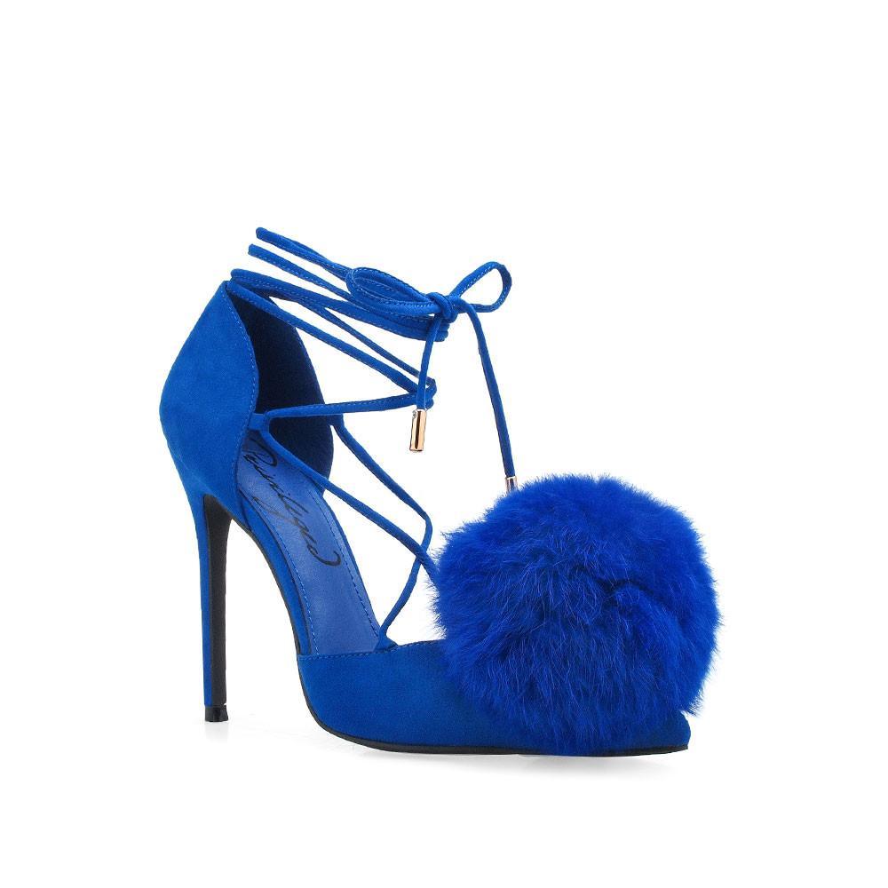 Blue-colored high-heel pumps for women with an ankle wrap lace up and faux fur pom on the front-corner view