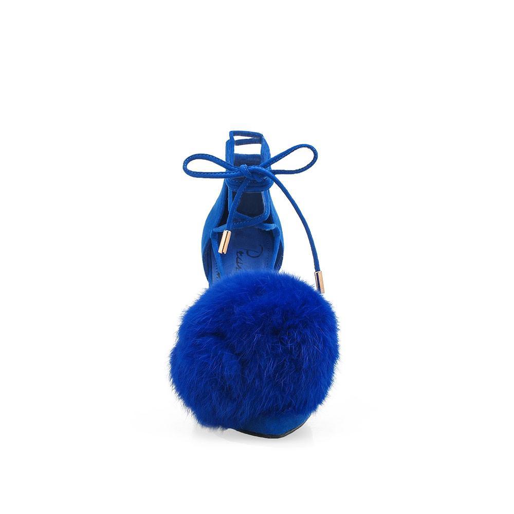 Blue-colored high-heel pumps for women with an ankle wrap lace up and faux fur pom on the front-front view