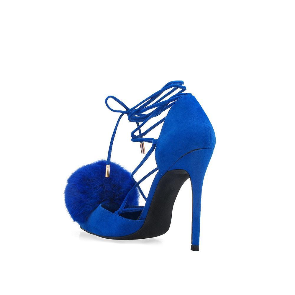 Blue-colored high-heel pumps for women with an ankle wrap lace up and faux fur pom on the front-posterior view