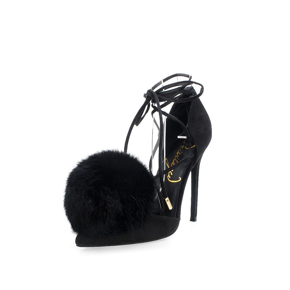 Women's Black colored high heel pumps with faux fur pom on head and ankle wrap lace up-corner view