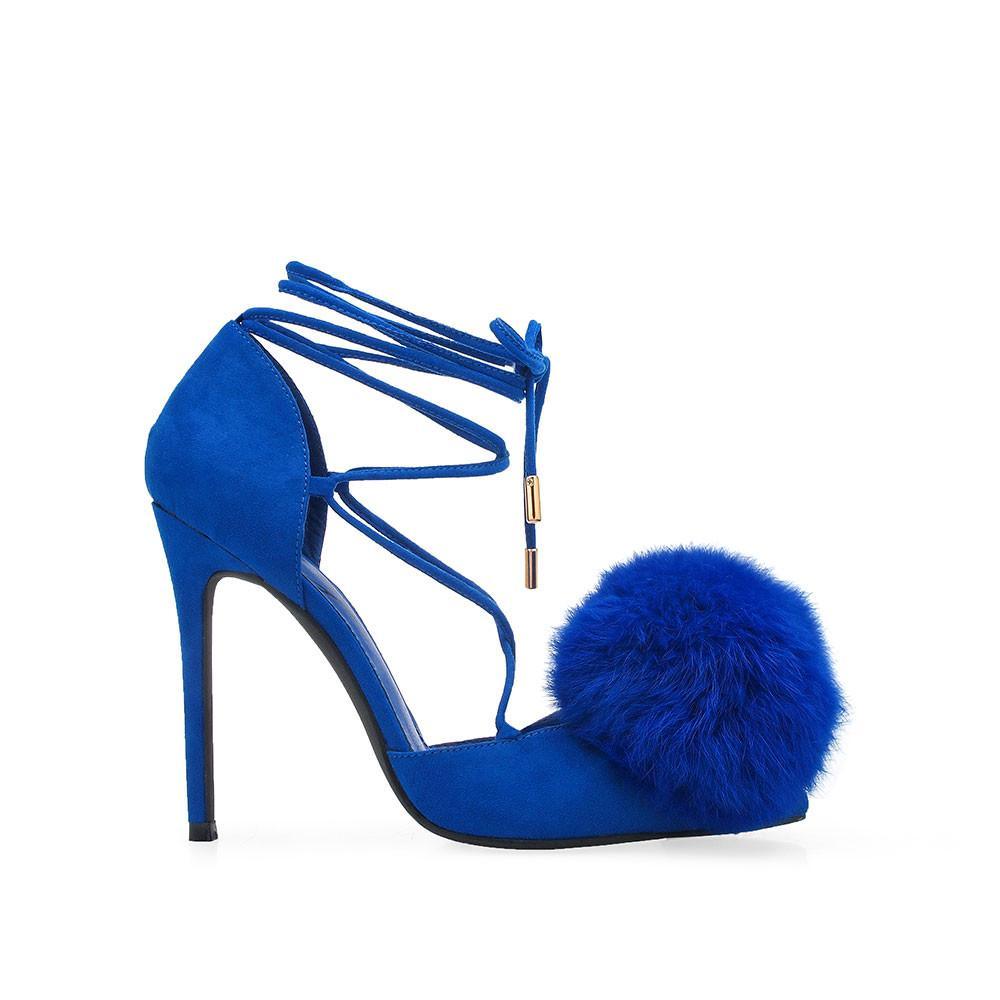 Blue-colored high-heel pumps for women with an ankle wrap lace up and faux fur pom on the front-side view