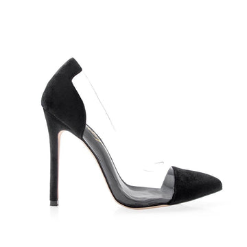 Black velvet women heels with transparent vinyl upper