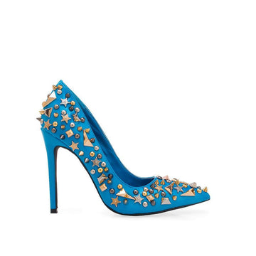 blue colored women heels with metallic golden studs embellishments